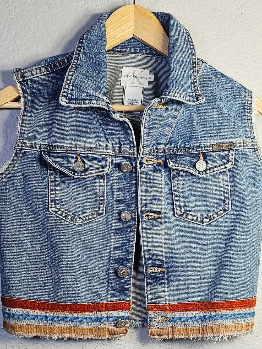 Calvin Klein Jeans Denim Vest Small Blue Cropped Frayed Hem With Trim